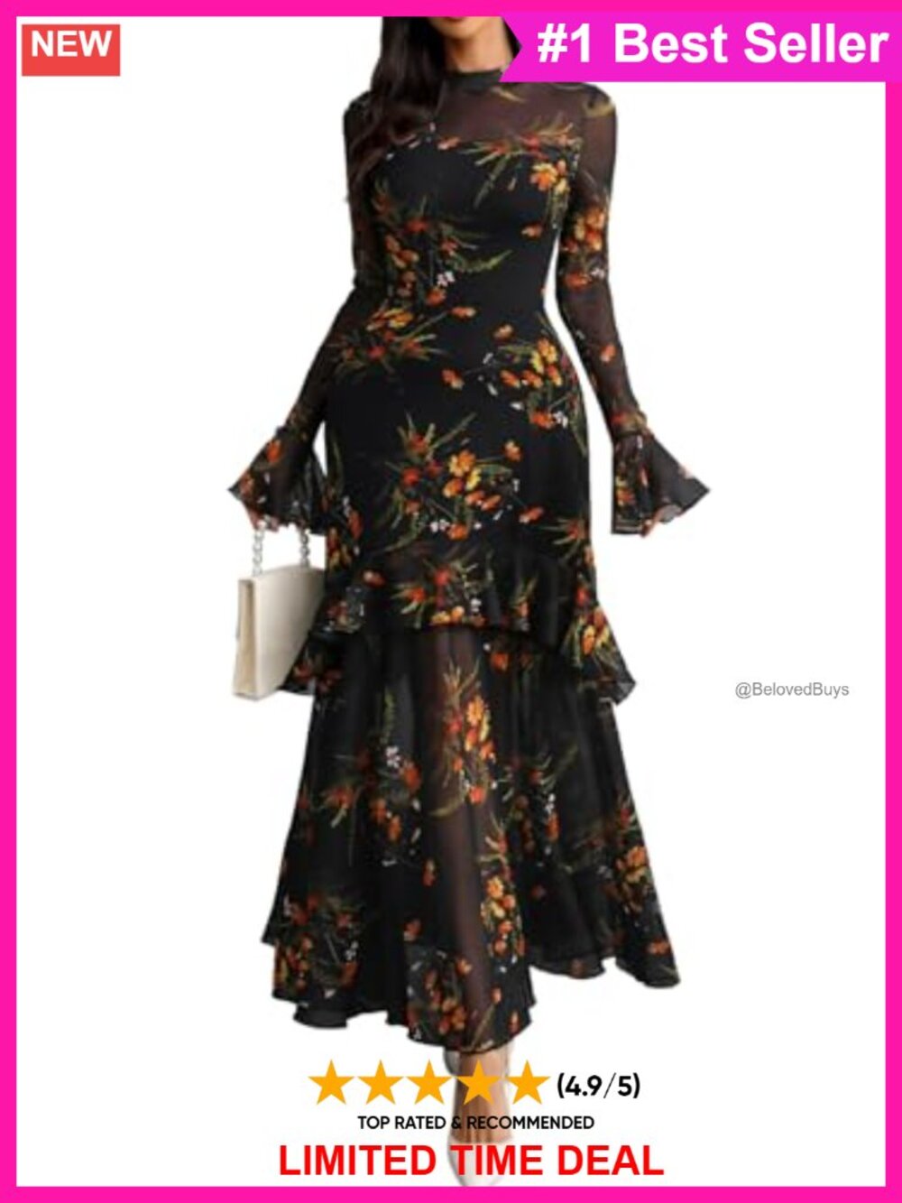 Women Floral Maxi Dress Bell Sleeve Mermaid Hem Mesh Party Wedding Guest - Picture 1 of 6